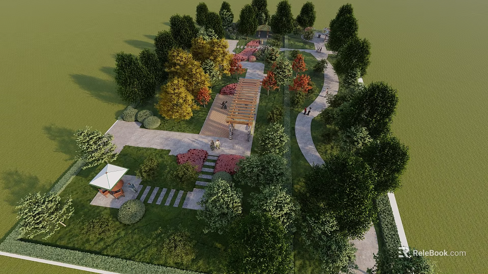 Garden Landscape Design With Various Trees Colorful Flower Beds And Winding Pathways 3d model 