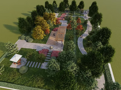 Garden Landscape Design With Various Trees Colorful Flower Beds And Winding Pathways 3d model