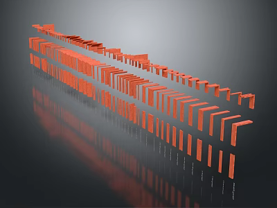 Orange Red Geometric Shapes Arranged In Linear Pattern On Black Background With Reflective Surfaces 3d model