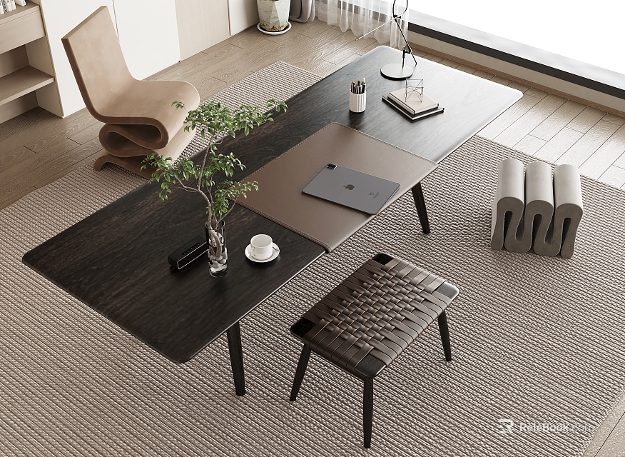 Modern Table and Chair Set with Wooden Table Stylish Chairs Laptop Plant and Coffee Cup 3d model 