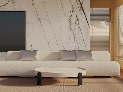 Modern Three Seater Sofa in Living Room with Marble Textured Wall TV and Coffee Table 3d model