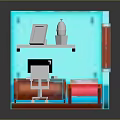 Cartoon Room Scene With Turquoise Walls Wooden Floor Desk Computer Chair Bed Window And Shelf