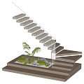 Modern Staircase With Glass Railing Wooden Steps And Small Plants Stones At Base