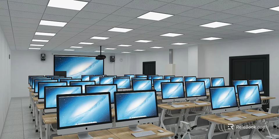 School Computer Classroom With Multiple Desktop Computers Large Screen Projector And Bright Lighting 3d model