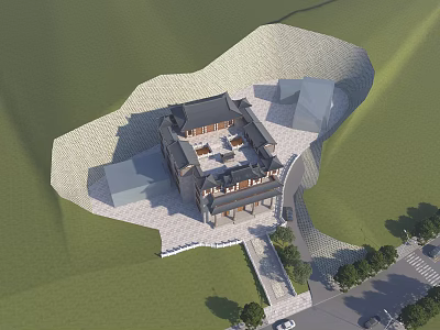 Ancient Architecture With Traditional Roof Courtyard Surrounded By Grassland Trees And Road 3d model