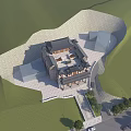 Ancient Architecture With Traditional Roof Courtyard Surrounded By Grassland Trees And Road