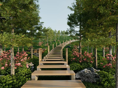 Scenic Wooden Pathway With Steps Lined By Trees And Pink Flowers 3d model