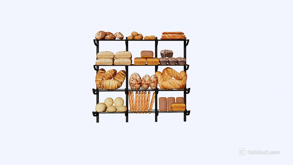 Multi Tier Metal Display Shelves With Bread Pastries Biscuits In Bakery Shop 3d model 
