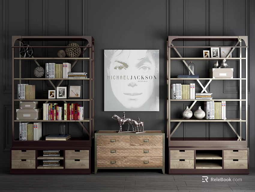 Stylish Wooden Bookcases With Middle Cabinet Decorative Items And Books On Dark Wall Background 3d model 