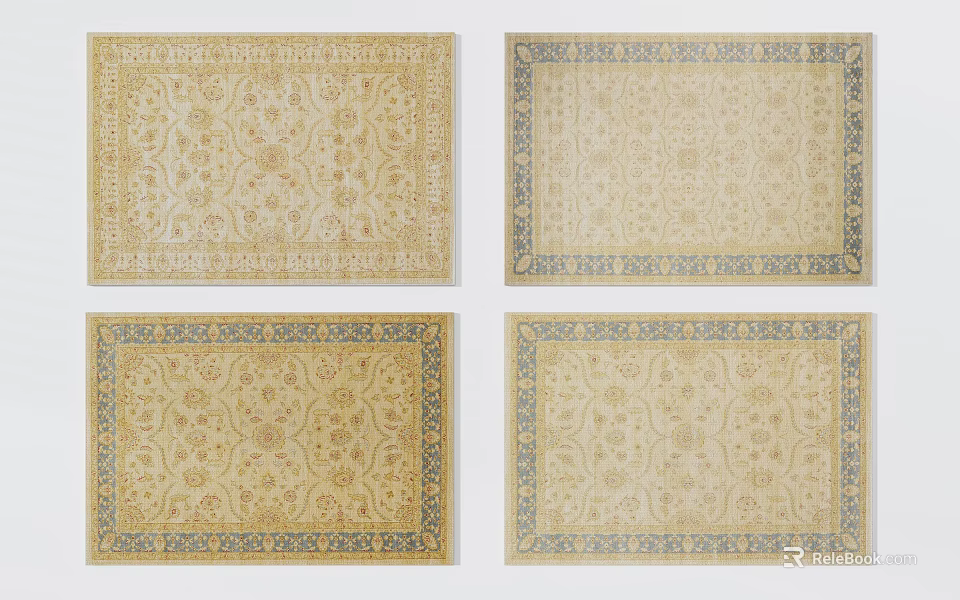 Traditional Square Rugs With Beige Background Intricate Patterns And Blue Borders 3d model