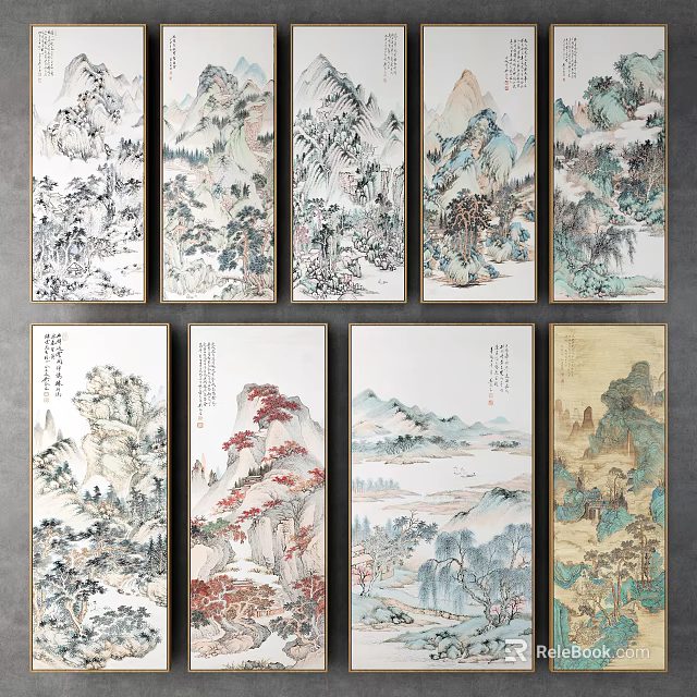 Traditional Chinese Landscape Paintings With Mountains Rivers Trees And Misty Scenery 3d model 