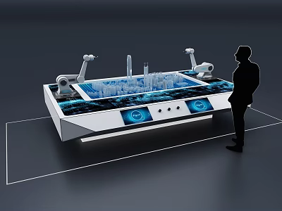 Interactive Table Displaying City Model With Robotic Arms Blue Screens And Standing Person 3d model