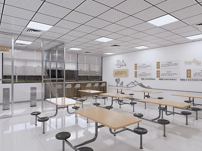 Casual Lounge Area With White Ceiling Long Tables Black Stools And Glass Partitions 3d model