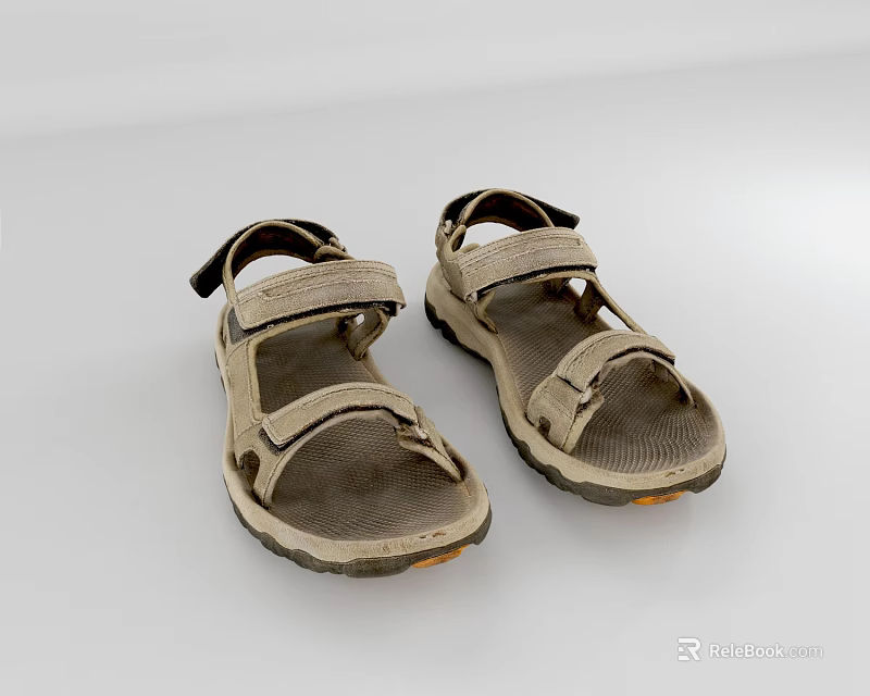 Beige Casual Sandals With Velcro Straps And Non Slip Soles For Daily Wear 3d model 