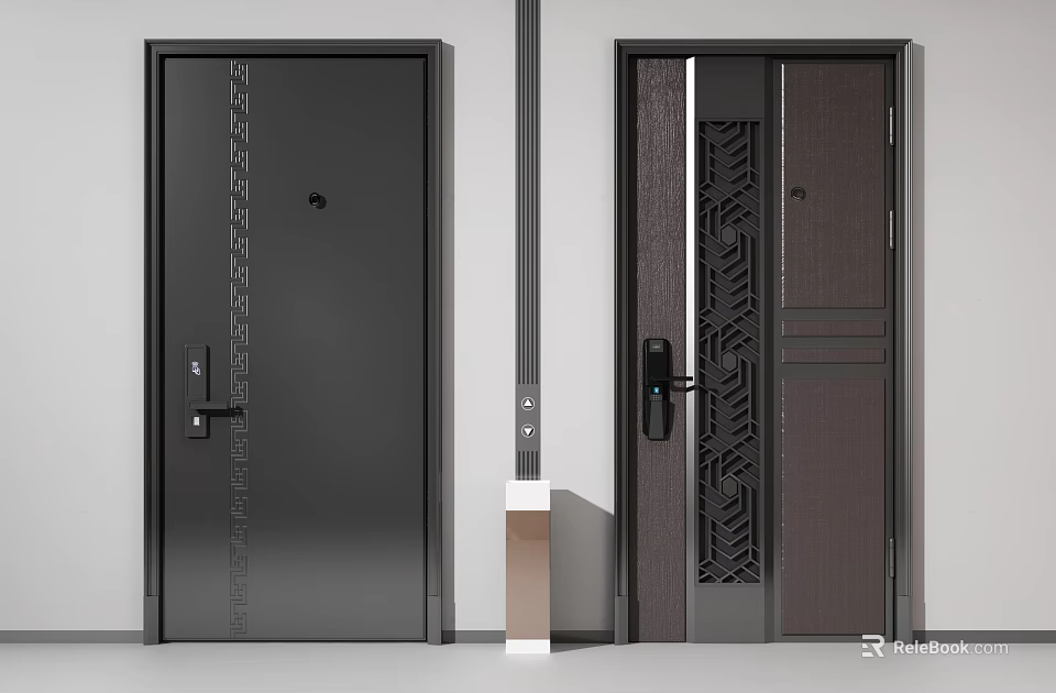 Modern Security Doors With Black Brown Design Geometric Patterns And Electronic Lock 3d model
