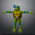 3D Rendered Ninja Turtle Green Body Blue Headband Yellow Shell Brown Strap Weapon Outstretched Arms