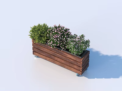 Potted Plants In Wooden Rectangular Planter With Green Shrubs Pink Flowers And Wheels 3d model