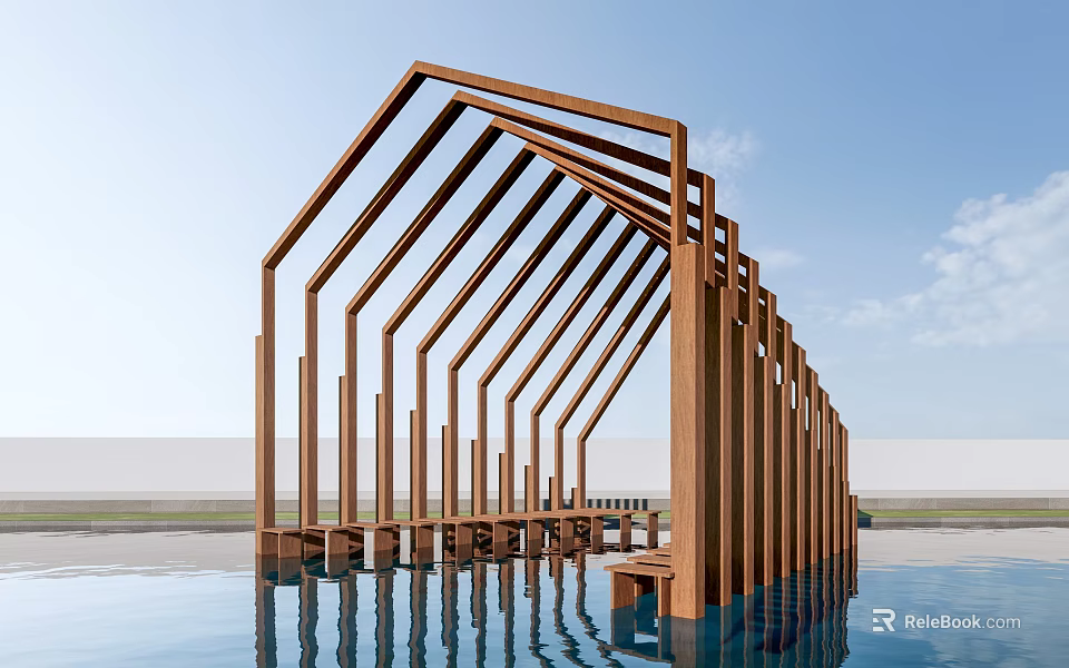 Scenic Modern Wooden Architectural Structure With Arched Columns Over Water Reflection 3d model