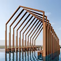 Scenic Modern Wooden Architectural Structure With Arched Columns Over Water Reflection 3d model