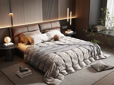 Modern Double Bed With Comfortable Bedding Soft Pillows And Wooden Headboard Lighting 3d model