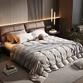 Modern Double Bed With Comfortable Bedding Soft Pillows And Wooden Headboard Lighting