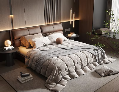 Modern Double Bed With Comfortable Bedding Soft Pillows And Wooden Headboard Lighting 3d model