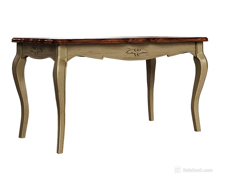 Vintage Style Dining Table With Wooden Brown Top And Curved Light Colored Legs 3d model 