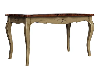 Vintage Style Dining Table With Wooden Brown Top And Curved Light Colored Legs 3d model