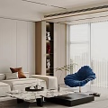Modern Sofa Coffee Table Combination With White Sofa Tray Vase Blue Chair Green Plant And Floor To Ceiling Windows