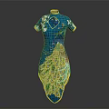Blue Traditional Cheongsam with Peacock Feather Pattern and Floral Embroidery Details