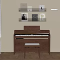 Wooden Piano With Stool And Wall Shelves Displaying Decorative Paintings In Room Interior