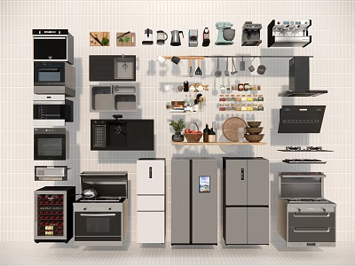 Diverse Modern Kitchen Appliances Display With Ovens Microwaves Refrigerators Stoves And Cookware 3d model