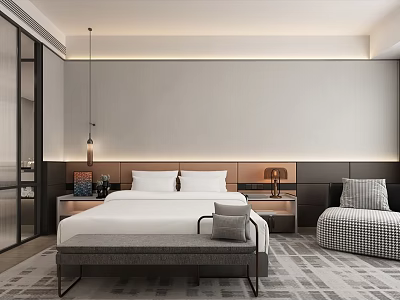 Modern Elegant Hotel Guest Room With Large Bed White Bedding Bedside Lamps And Patterned Carpet 3d model