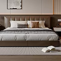 Modern Bedroom Double Bed With Brown Upholstered Headboard White Gray Brown Pillows And Striped Rug