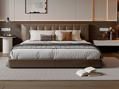 Modern Bedroom Double Bed With Brown Upholstered Headboard White Gray Brown Pillows And Striped Rug 3d model