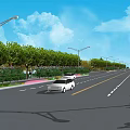 Municipal Road With Green Trees Street Lamps Vehicles Pedestrians And Paved Sidewalks