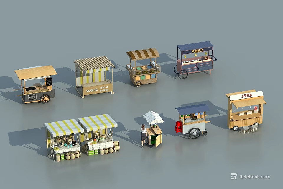 Various Mobile Food Stalls And Carts With Different Awnings And Structures 3d model 