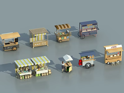 Various Mobile Food Stalls And Carts With Different Awnings And Structures 3d model