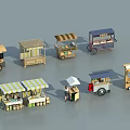 Various Mobile Food Stalls And Carts With Different Awnings And Structures