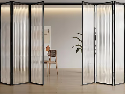 Modern Interior Space With Transparent Ribbed Glass Folding Doors And Black Frames 3d model