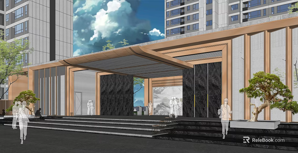 Modern Entrance Gate With Marble Walls Wooden Canopy And Steps In Front Of Tall Buildings 3d model 