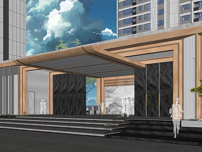 Modern Entrance Gate With Marble Walls Wooden Canopy And Steps In Front Of Tall Buildings 3d model