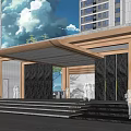 Modern Entrance Gate With Marble Walls Wooden Canopy And Steps In Front Of Tall Buildings