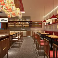 Red Facade Restaurant With Beef Congee Wooden Decor Chandeliers And Glass Windows