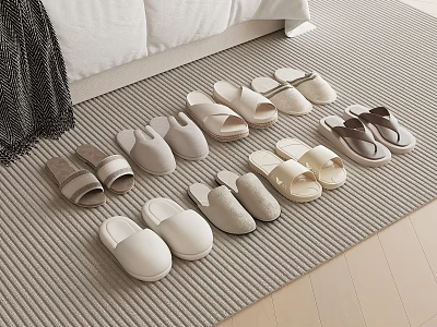 Comfortable Home Slippers In Neutral Colors For Indoor Use On Carpet Next To Sofa 3d model