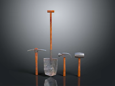 Classic Garden Tools Display With Shovel Hammer Pickaxe And Wooden Handles 3d model