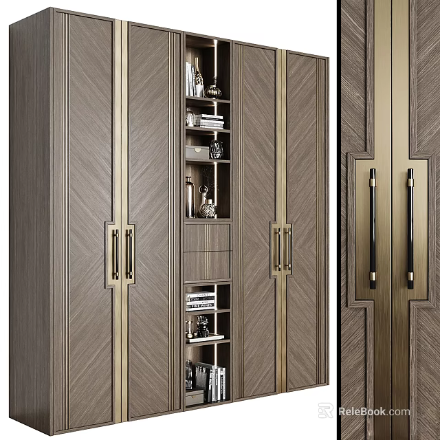 Elegant Modern Luxury Bookcase Design With Wooden Texture Metal Handles And Open Shelves 3d model 