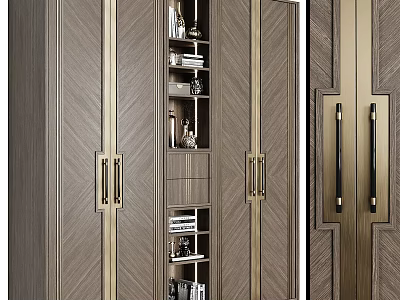 Elegant Modern Luxury Bookcase Design With Wooden Texture Metal Handles And Open Shelves 3d model