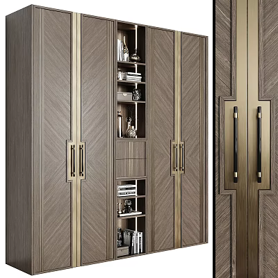 Elegant Modern Luxury Bookcase Design With Wooden Texture Metal Handles And Open Shelves 3d model