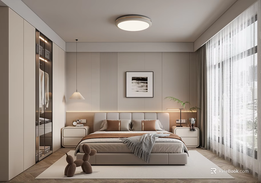 Modern Bedroom Interior Featuring Upholstered Bed Nightstands Round Ceiling Light Wall Art And Area Rug 3d model 